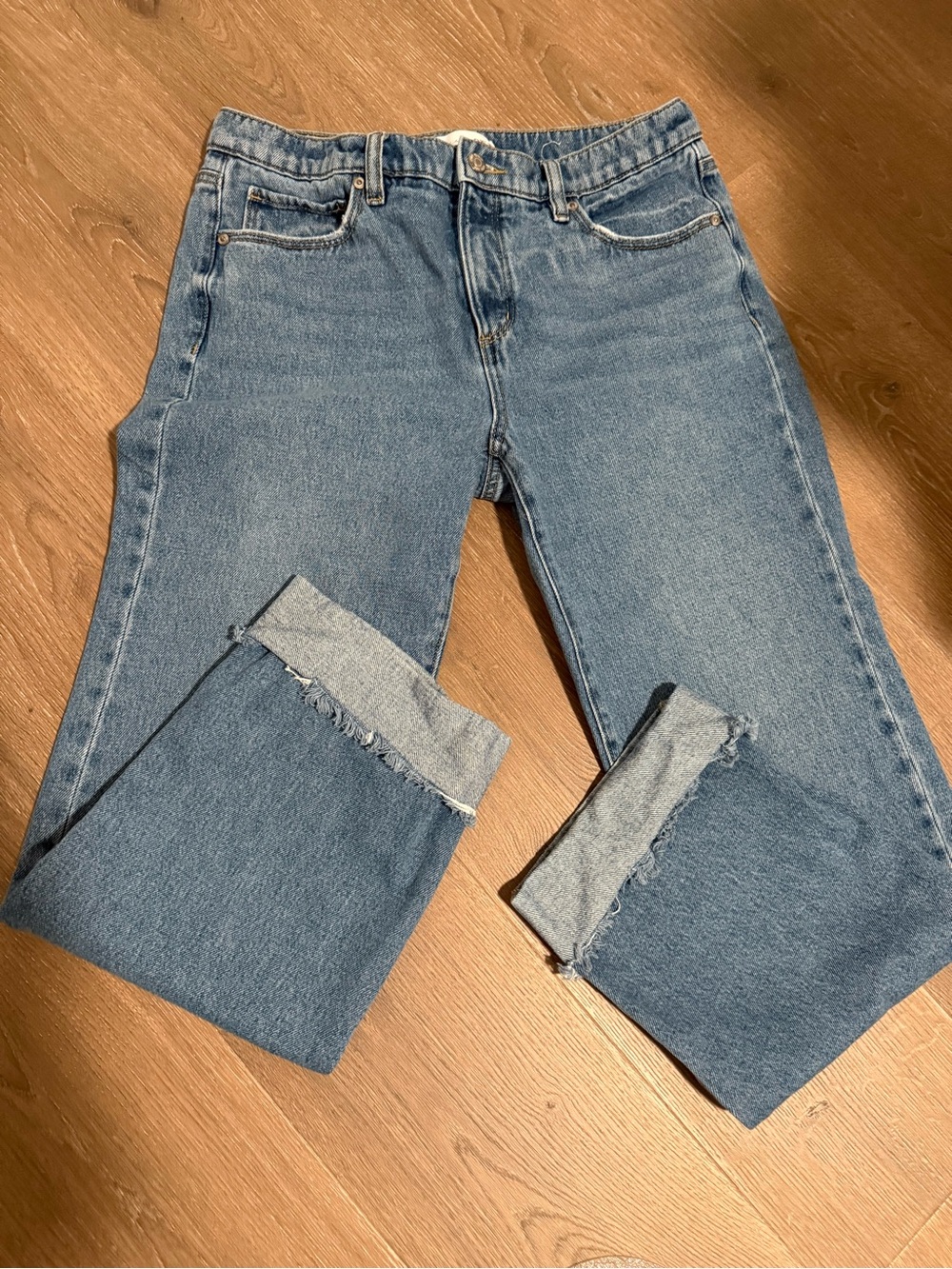 LOFT Mid-Wash Straight Leg Jeans with Raw Hem